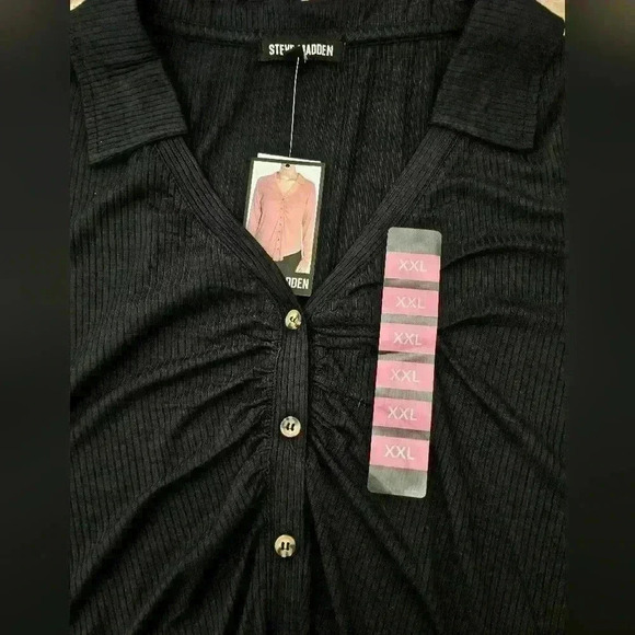 🛑 NWT Steve Madden Black Ruched Stretchy Collared V-Neck Button-up Shirt XXL - Picture 5 of 11